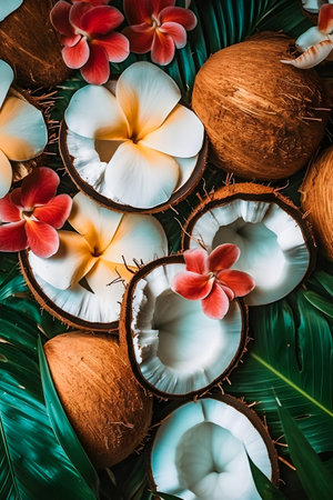 top view of tropical palm leaves, exotic flowers and coconutsの素材