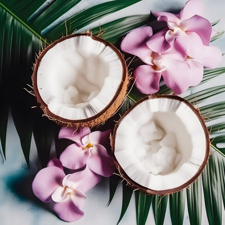 Coconut with tropical palm leaves and orchid flowersle background. Flat lay, top viewの素材