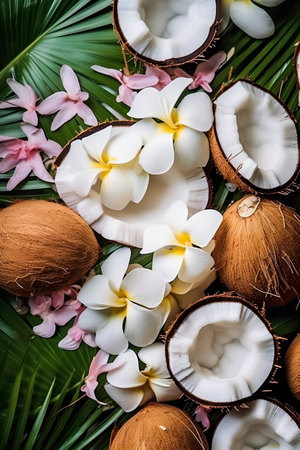 Coconut and plumeria flowers on palm leaves, flat layの素材