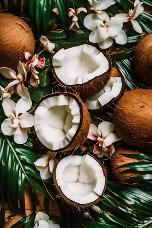 Coconuts with tropical leaves and orchids on wooden backgroundの素材