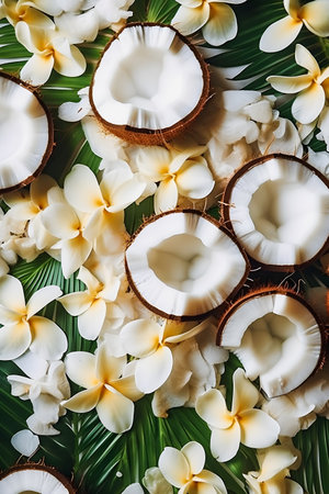 top view of fresh coconuts with frangipani flowers on palm leafの素材