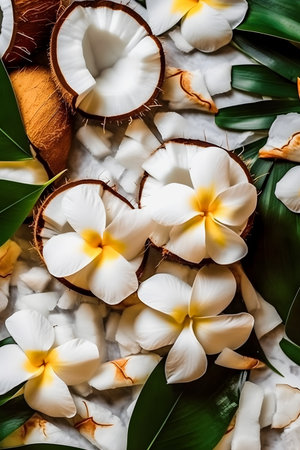 top view of fresh coconut with leaves and flowers on white marble surfaceの素材