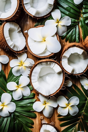 top view of fresh coconut with tropical leaves and frangipani flowers on wooden surfaceの素材