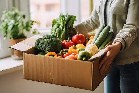 Fresh and Organic Vegetables Delivered to Your Doorstep: Woman's Exciting Deliveryの写真素材