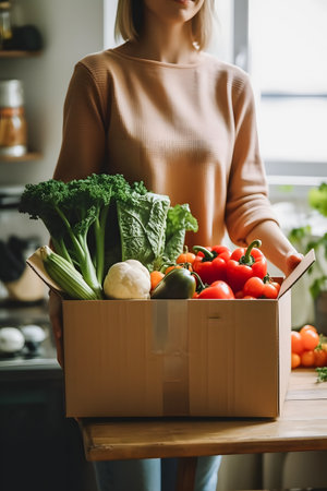 Fresh and Organic Vegetables Delivered to Your Doorstep: Woman's Exciting Deliveryの写真素材