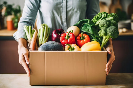 Fresh and Organic Vegetables Delivered to Your Doorstep: Woman's Exciting Deliveryの写真素材