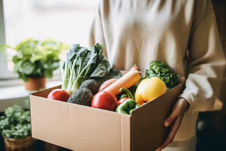 Fresh and Organic Vegetables Delivered to Your Doorstep: Woman's Exciting Deliveryの写真素材