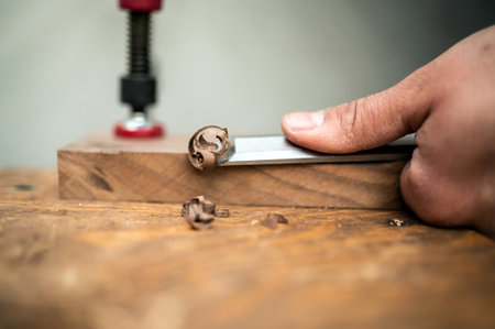Closeup shot of curled wood-shavings and chiselの写真素材