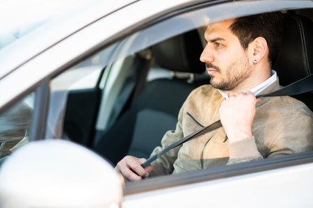Safety first. Handsome driver fastening seat belt before driving a car
