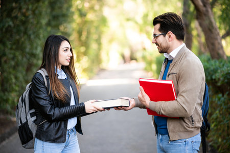 Two students, male and female, talking outdoors holding booksの写真素材