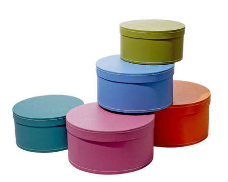 five colorful storage boxes stacked containersの写真素材