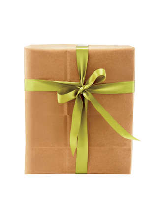 gift box wrapped in brown paper and green ribbonの写真素材