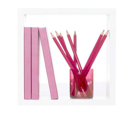 book, pencils, white shelfの写真素材