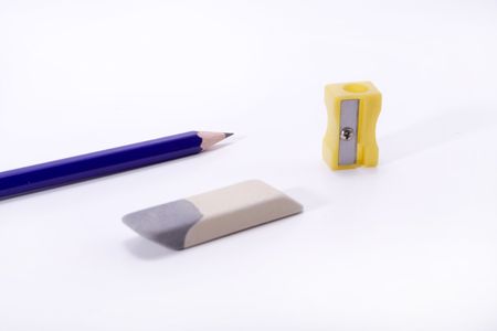 Pencile rubber and sharpener on white backgrond.の写真素材