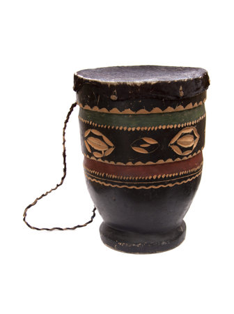 Handmade African drum on a white background. 