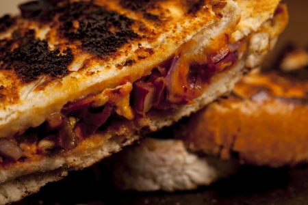 Toasted cheese, tomato and onion sandwich done on the BBQ の写真素材