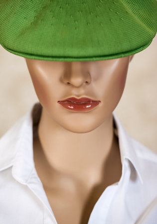 Head of a female mannequin wearing a green hat  の写真素材