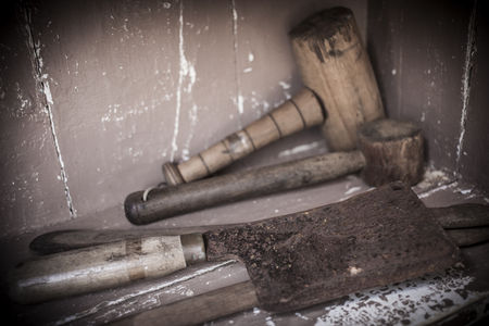 A collection of old vintage and rusty tools.の写真素材