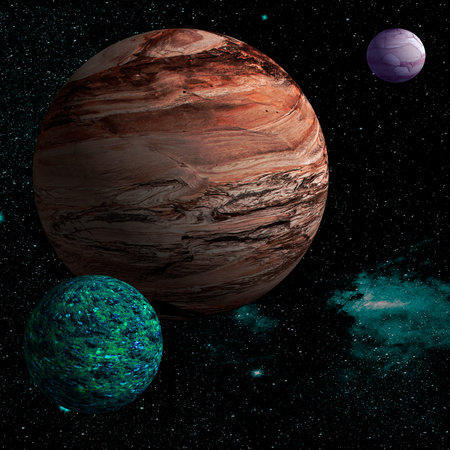 Illustration of a alien planet surrounded by two strange moons.