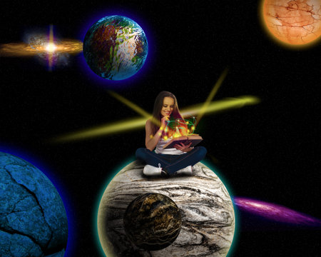 Illustration of a alien planets and a woman reading a book as she is transporter to a fantasy space...
