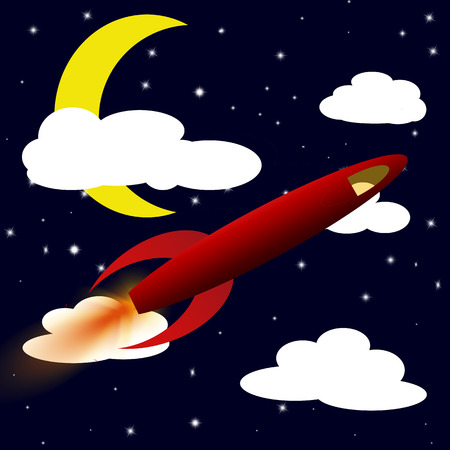 Illustration of a red rocket over a night sky.の写真素材