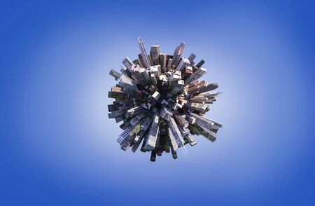 Globe concept showing a city center with skyscrapers (3D illustration) on blue backgroundの写真素材