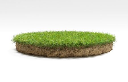 realistic 3D rendering circle cutaway terrain floor with rock isolated, 3D Illustration round soil ground cross section with earth land and green grassの写真素材