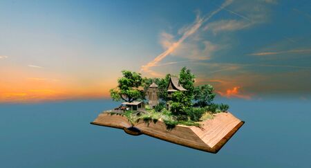 Countryside animal farm village with windmill pop up in the book pages floating in the airの写真素材