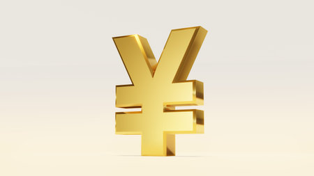 3D Rendering of golden Japanese / Chinese yen dollar sign isolated on white backgroundの写真素材