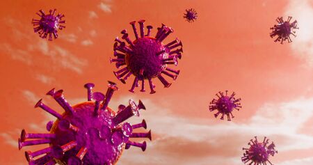 Pathogen respiratory coronavirus COVID - 19 flu outbreak 3D medical rendering. Microscopic view of floating influenza virus cells. Dangerous asian ncov corona virus, SARS pandemic risk conceptの写真素材