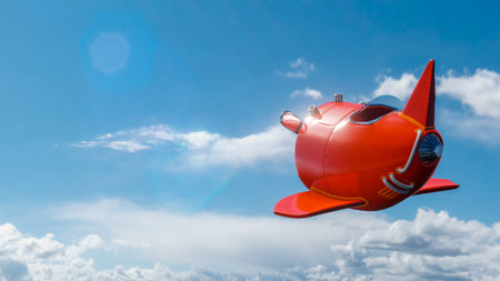 Red vintage cartoon airplane in blue cloudy sky. 3D rendering.