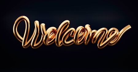 Hand sketched Gold Welcome text as logotype, badge and icon, invitation, poster, banner template. Lettering typography. Isolated on blackの写真素材