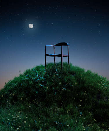 Natural moon night field of fresh grass environment, little hill meadow with wooden chair. lonely conceptの写真素材