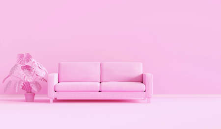 3d rendering pink monochrome space with modern sofa in living room. Minimal style concept. pastel color styleの写真素材