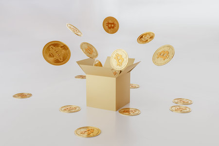 3d gold bank. Bitcoin symbol. Surprise inside open box isolated on white background abstract with...