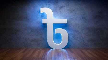 Symbol of Bangladeshi taka  glowing in empty concrete room as currency signï¼Œ3D Rendering