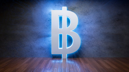 Symbol of Thai baht glowing in empty concrete room as currency signï¼3D Renderingの写真素材