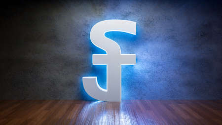 Symbol of Cambodian riel  glowing in empty concrete room as currency signï¼3D Renderingの写真素材