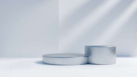3d illustration pedestal,geometric step blue cylinder podium platform for cosmetic product presentation.Mock up design empty space. Abstract composition in white background modern styleの写真素材