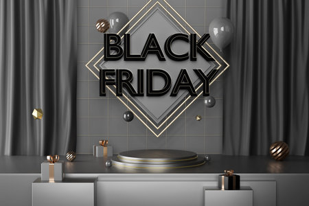 Black Friday. 3d text on the left with blue and yellow backlighting on a dark background with...