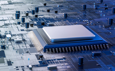 Close-up view of a modern GPU card with circuit and colorful lights and details 3D rendering