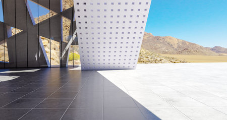 Perspective view of empty concrete floor with cement structure and glass wall building exterior. 3d...