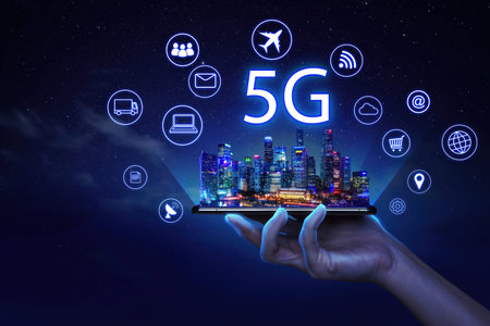 5G new wireless internet wifi connection. Smart city or intelligent building. Building automation...