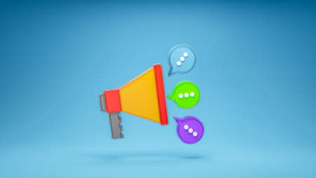 Megaphone social media marketing branding advertising promotion symbol 3d icon isolated on blue background. 3d renderingの写真素材