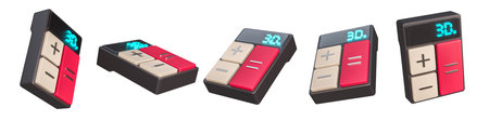 Set of 3d calculator isolated on a white background. 5 different angle photo camera for web. 3d rendering.の写真素材