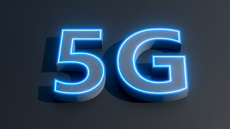 3D render of 5G signs in blue light. 5G network connection, High-speed mobile Internet. Vector...