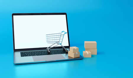 Online shopping concept. Shopping cart , laptop , carton boxes. E commerce big sales. 3D rendering.の写真素材
