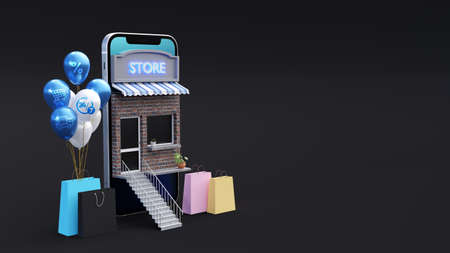 3d online store with shopping bags and balloons for website or mobile apps. E-commerce concept. 3d render.の写真素材
