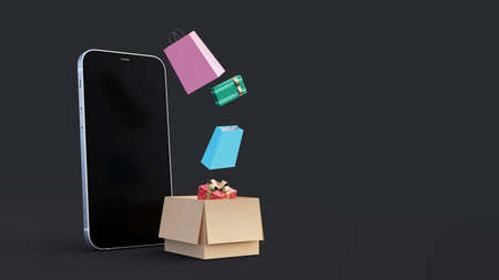 Concept of online shopping on smartphone, parcel boxes, shopping bags and online goods on black background. Global online shopping concept. 3d render.の写真素材