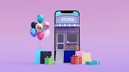 Concept of online shopping on social media app. 3d Smartphone with online store, shopping bag, chat...
